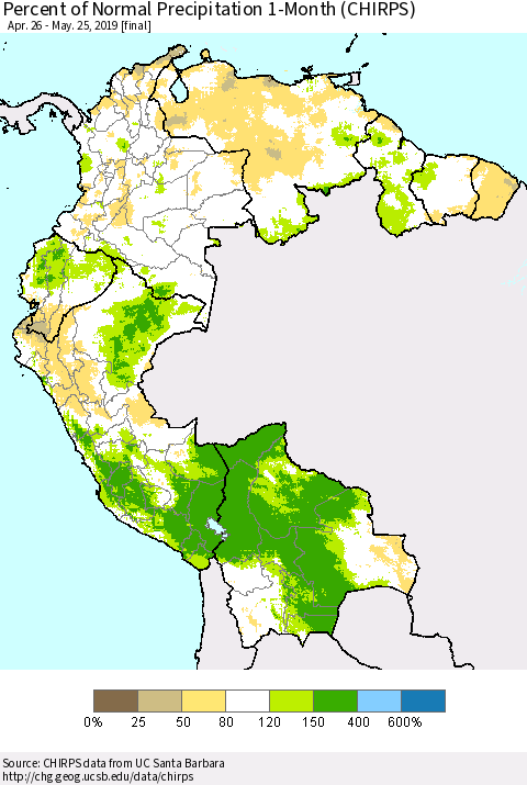 Northern South America Percent of Normal Precipitation 1-Month (CHIRPS) Thematic Map For 4/26/2019 - 5/25/2019
