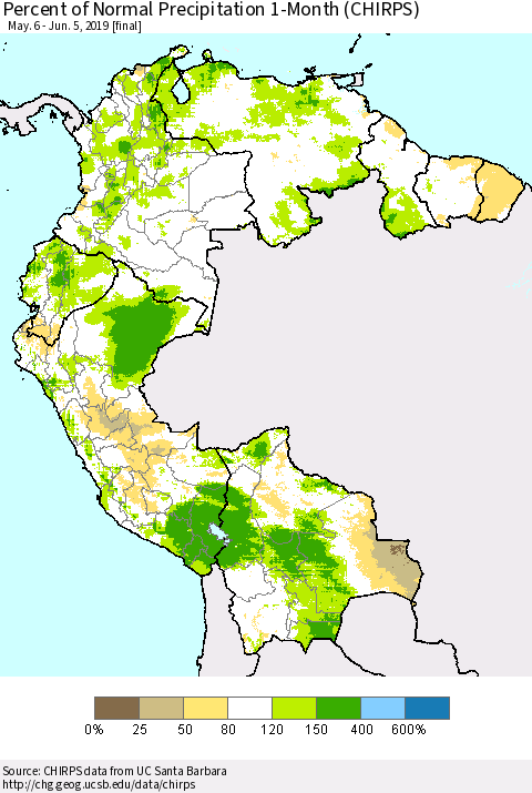 Northern South America Percent of Normal Precipitation 1-Month (CHIRPS) Thematic Map For 5/6/2019 - 6/5/2019