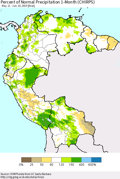 Northern South America Percent of Normal Precipitation 1-Month (CHIRPS) Thematic Map For 5/11/2019 - 6/10/2019