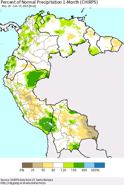 Northern South America Percent of Normal Precipitation 1-Month (CHIRPS) Thematic Map For 5/16/2019 - 6/15/2019