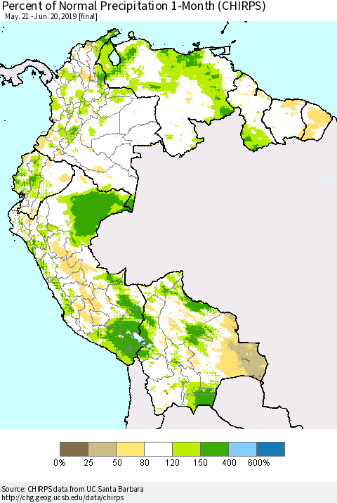 Northern South America Percent of Normal Precipitation 1-Month (CHIRPS) Thematic Map For 5/21/2019 - 6/20/2019