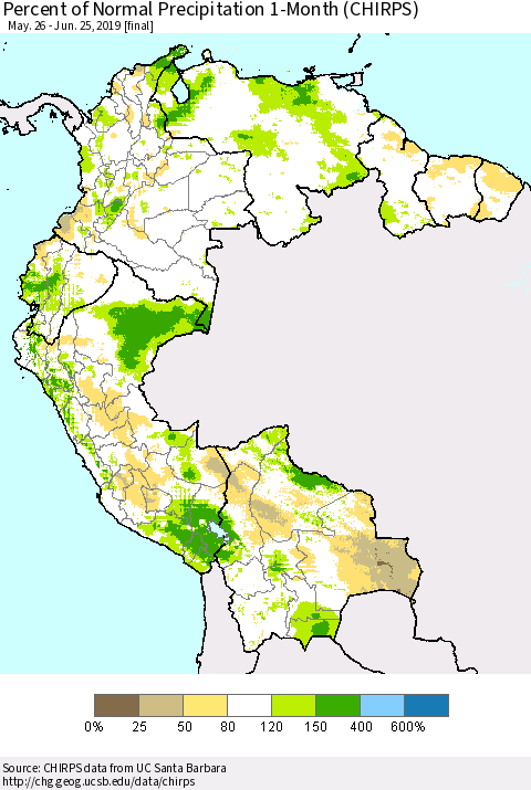 Northern South America Percent of Normal Precipitation 1-Month (CHIRPS) Thematic Map For 5/26/2019 - 6/25/2019