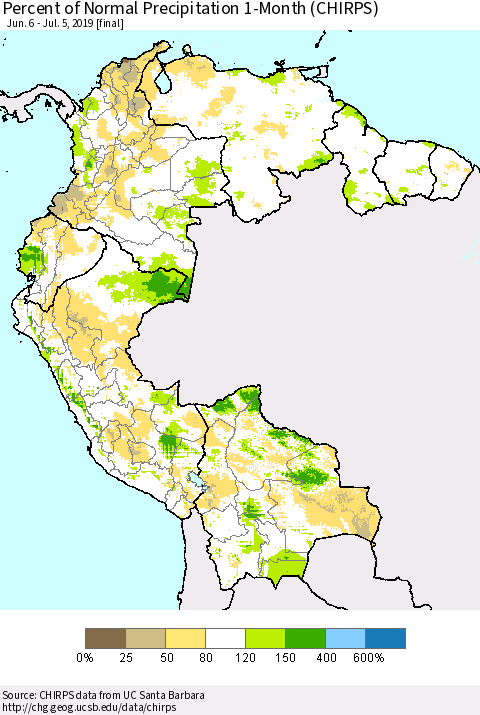 Northern South America Percent of Normal Precipitation 1-Month (CHIRPS) Thematic Map For 6/6/2019 - 7/5/2019