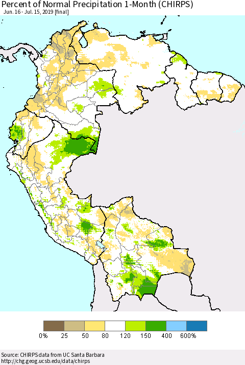 Northern South America Percent of Normal Precipitation 1-Month (CHIRPS) Thematic Map For 6/16/2019 - 7/15/2019