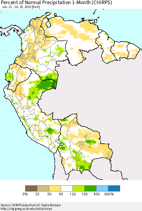 Northern South America Percent of Normal Precipitation 1-Month (CHIRPS) Thematic Map For 6/21/2019 - 7/20/2019