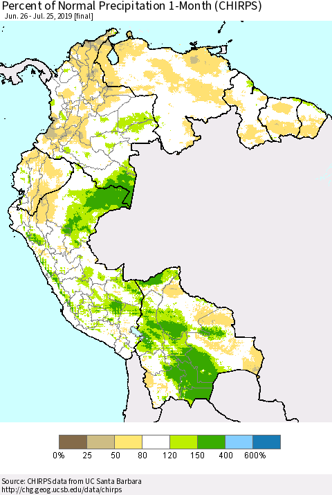 Northern South America Percent of Normal Precipitation 1-Month (CHIRPS) Thematic Map For 6/26/2019 - 7/25/2019