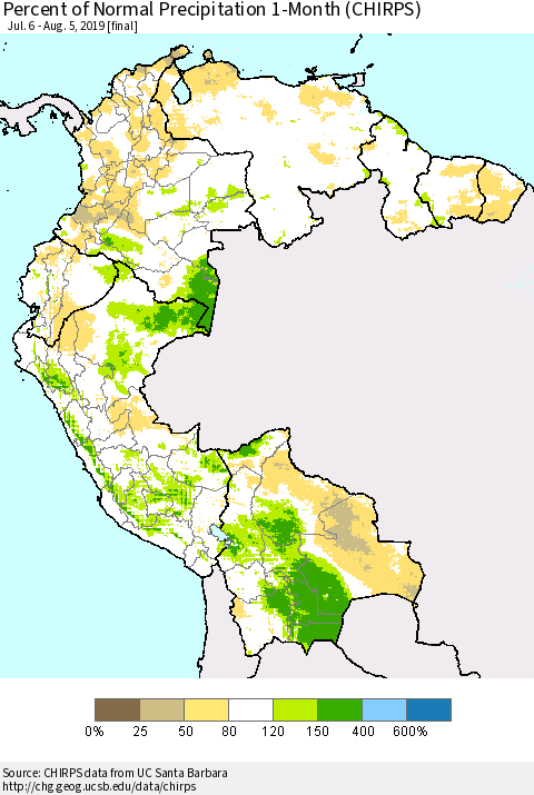 Northern South America Percent of Normal Precipitation 1-Month (CHIRPS) Thematic Map For 7/6/2019 - 8/5/2019