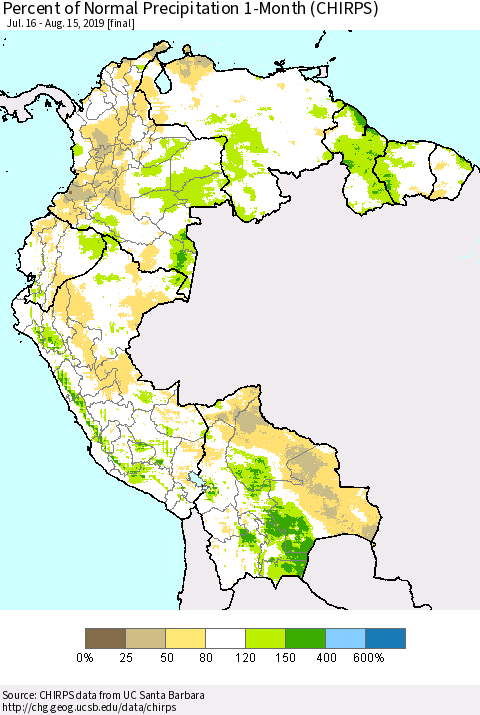 Northern South America Percent of Normal Precipitation 1-Month (CHIRPS) Thematic Map For 7/16/2019 - 8/15/2019