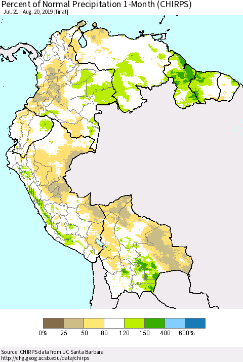 Northern South America Percent of Normal Precipitation 1-Month (CHIRPS) Thematic Map For 7/21/2019 - 8/20/2019