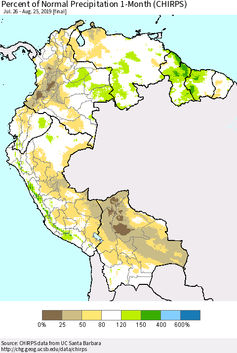 Northern South America Percent of Normal Precipitation 1-Month (CHIRPS) Thematic Map For 7/26/2019 - 8/25/2019