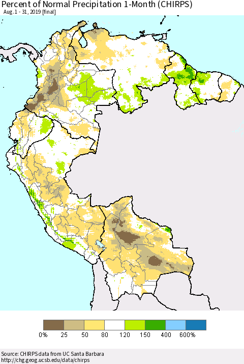 Northern South America Percent of Normal Precipitation 1-Month (CHIRPS) Thematic Map For 8/1/2019 - 8/31/2019