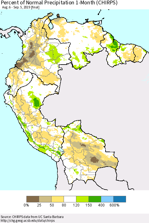 Northern South America Percent of Normal Precipitation 1-Month (CHIRPS) Thematic Map For 8/6/2019 - 9/5/2019