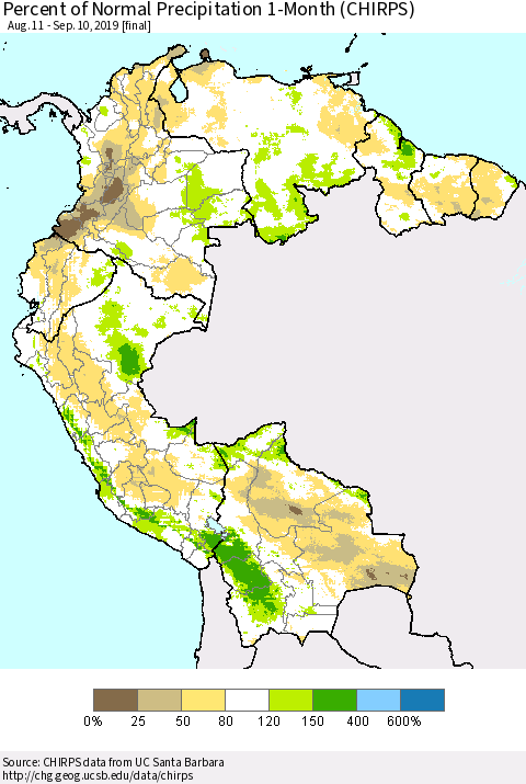 Northern South America Percent of Normal Precipitation 1-Month (CHIRPS) Thematic Map For 8/11/2019 - 9/10/2019