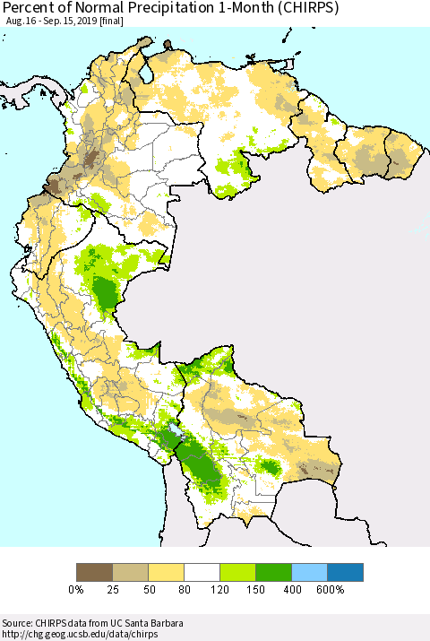 Northern South America Percent of Normal Precipitation 1-Month (CHIRPS) Thematic Map For 8/16/2019 - 9/15/2019