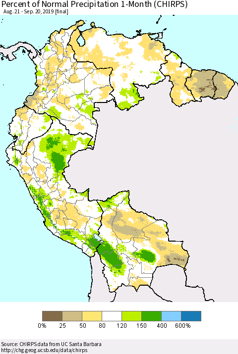 Northern South America Percent of Normal Precipitation 1-Month (CHIRPS) Thematic Map For 8/21/2019 - 9/20/2019