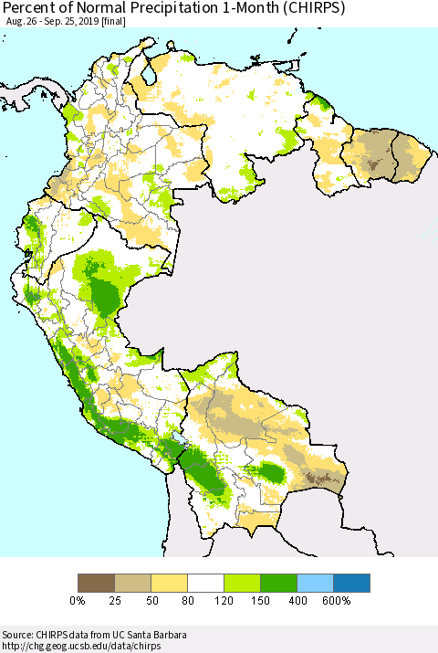 Northern South America Percent of Normal Precipitation 1-Month (CHIRPS) Thematic Map For 8/26/2019 - 9/25/2019