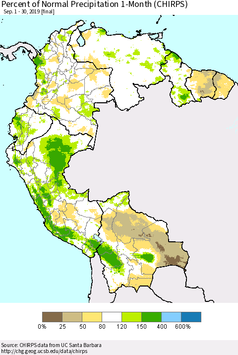 Northern South America Percent of Normal Precipitation 1-Month (CHIRPS) Thematic Map For 9/1/2019 - 9/30/2019