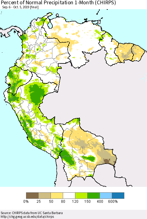 Northern South America Percent of Normal Precipitation 1-Month (CHIRPS) Thematic Map For 9/6/2019 - 10/5/2019