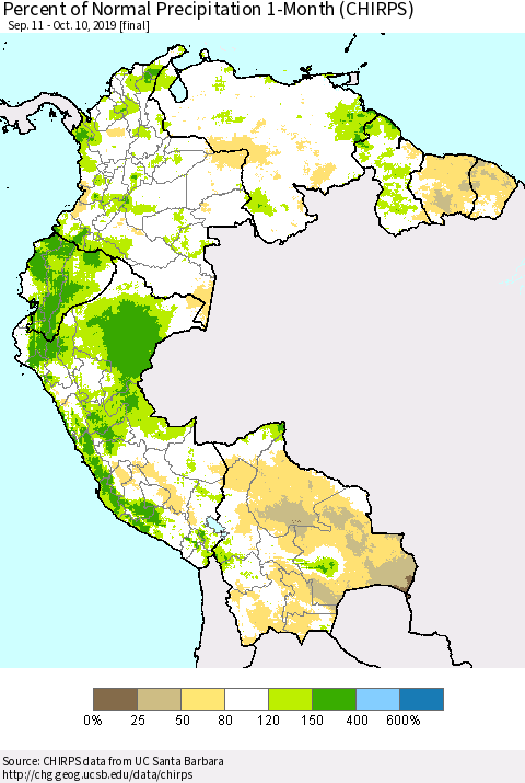 Northern South America Percent of Normal Precipitation 1-Month (CHIRPS) Thematic Map For 9/11/2019 - 10/10/2019