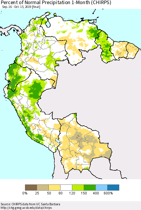 Northern South America Percent of Normal Precipitation 1-Month (CHIRPS) Thematic Map For 9/16/2019 - 10/15/2019