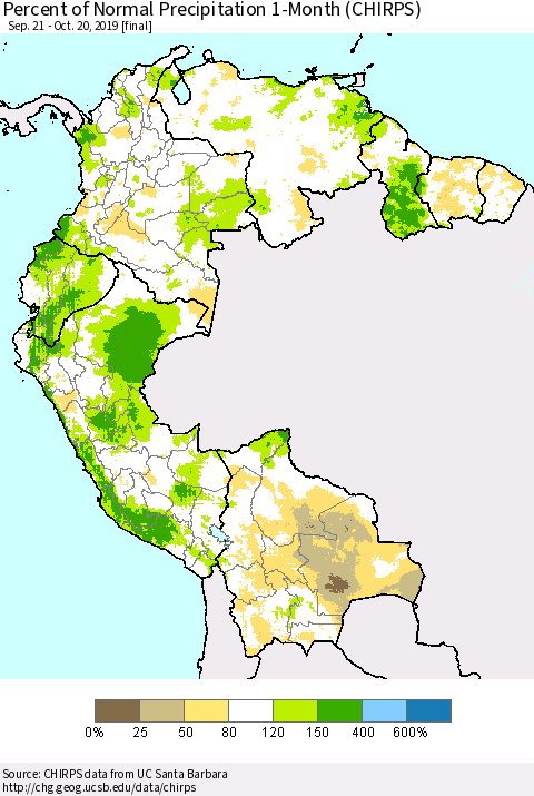Northern South America Percent of Normal Precipitation 1-Month (CHIRPS) Thematic Map For 9/21/2019 - 10/20/2019