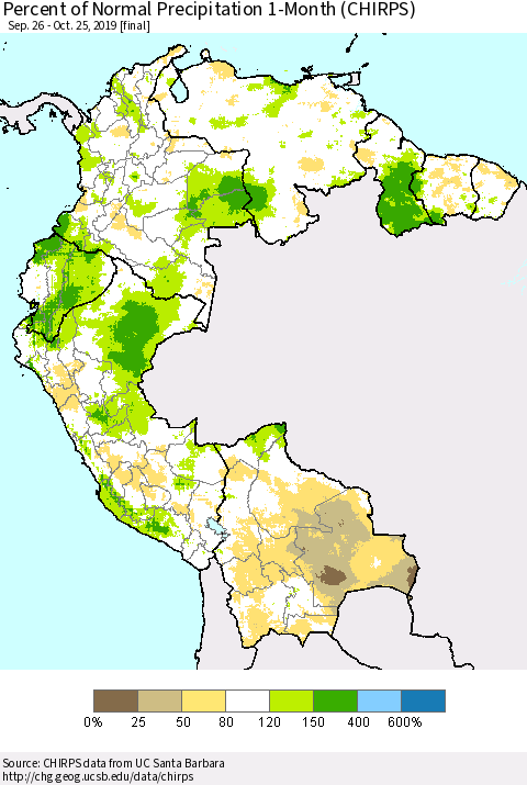 Northern South America Percent of Normal Precipitation 1-Month (CHIRPS) Thematic Map For 9/26/2019 - 10/25/2019