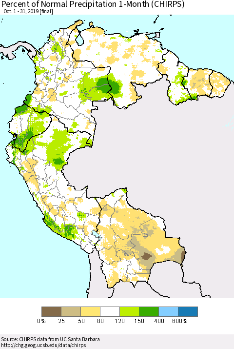 Northern South America Percent of Normal Precipitation 1-Month (CHIRPS) Thematic Map For 10/1/2019 - 10/31/2019