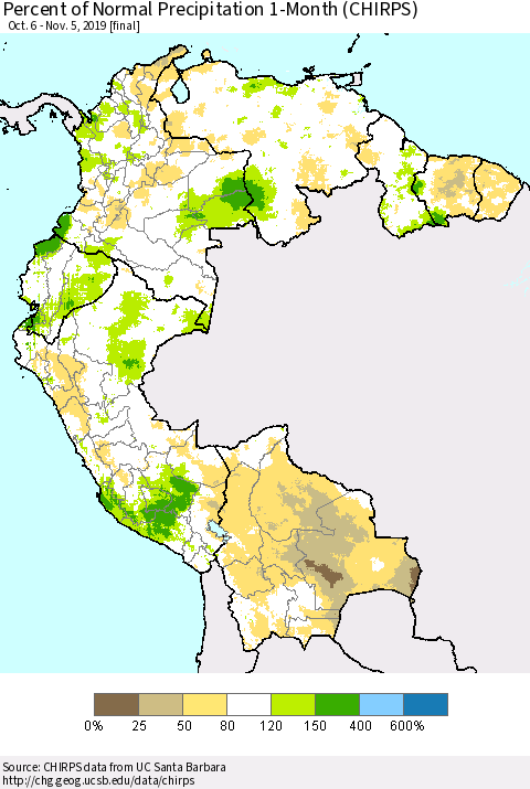 Northern South America Percent of Normal Precipitation 1-Month (CHIRPS) Thematic Map For 10/6/2019 - 11/5/2019