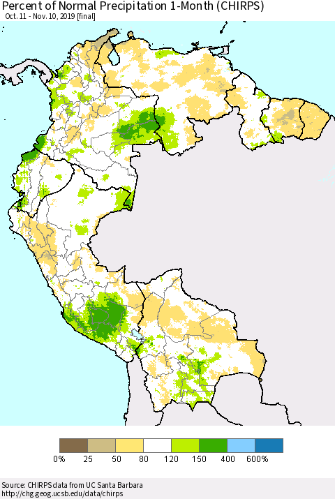 Northern South America Percent of Normal Precipitation 1-Month (CHIRPS) Thematic Map For 10/11/2019 - 11/10/2019