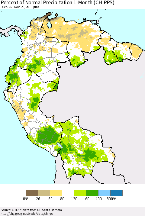 Northern South America Percent of Normal Precipitation 1-Month (CHIRPS) Thematic Map For 10/26/2019 - 11/25/2019