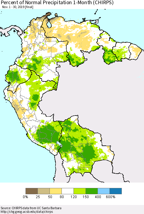 Northern South America Percent of Normal Precipitation 1-Month (CHIRPS) Thematic Map For 11/1/2019 - 11/30/2019