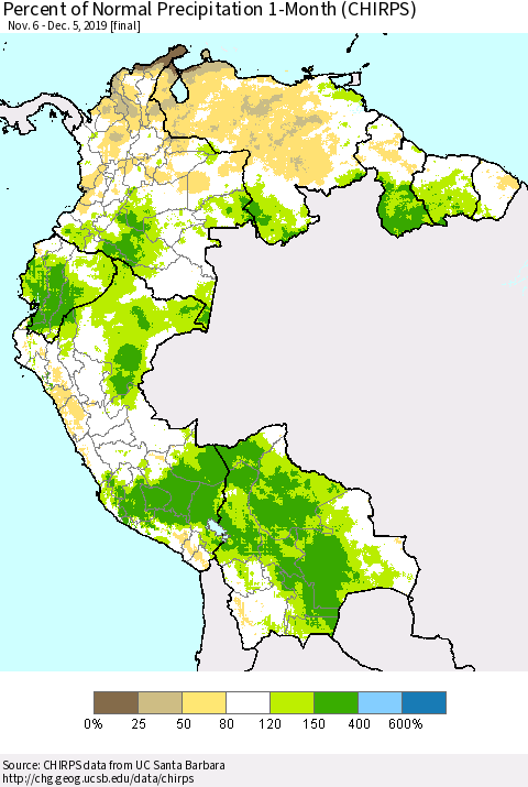 Northern South America Percent of Normal Precipitation 1-Month (CHIRPS) Thematic Map For 11/6/2019 - 12/5/2019