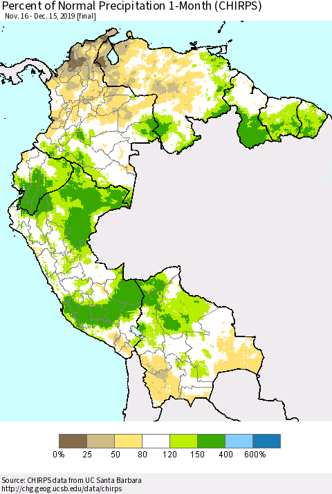 Northern South America Percent of Normal Precipitation 1-Month (CHIRPS) Thematic Map For 11/16/2019 - 12/15/2019