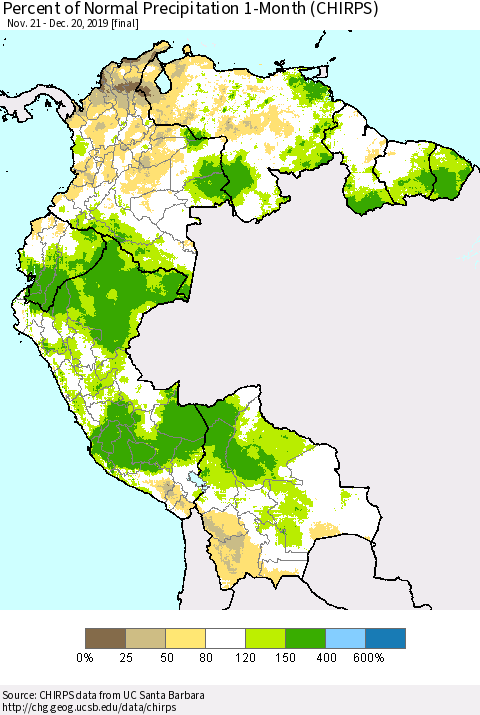 Northern South America Percent of Normal Precipitation 1-Month (CHIRPS) Thematic Map For 11/21/2019 - 12/20/2019