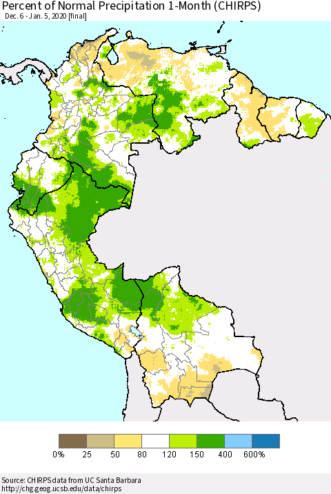 Northern South America Percent of Normal Precipitation 1-Month (CHIRPS) Thematic Map For 12/6/2019 - 1/5/2020