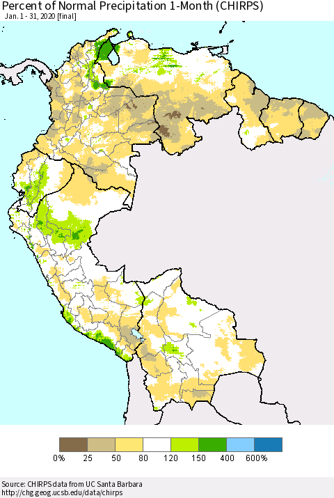 Northern South America Percent of Normal Precipitation 1-Month (CHIRPS) Thematic Map For 1/1/2020 - 1/31/2020