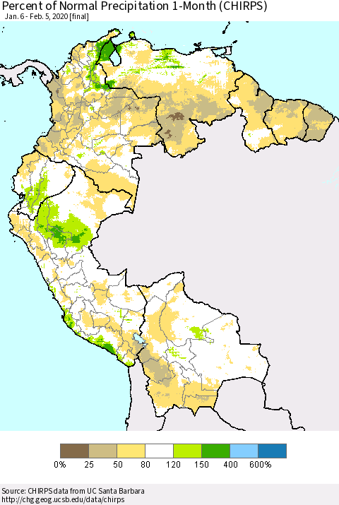 Northern South America Percent of Normal Precipitation 1-Month (CHIRPS) Thematic Map For 1/6/2020 - 2/5/2020