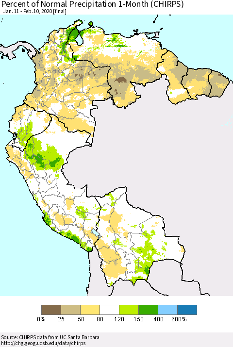Northern South America Percent of Normal Precipitation 1-Month (CHIRPS) Thematic Map For 1/11/2020 - 2/10/2020