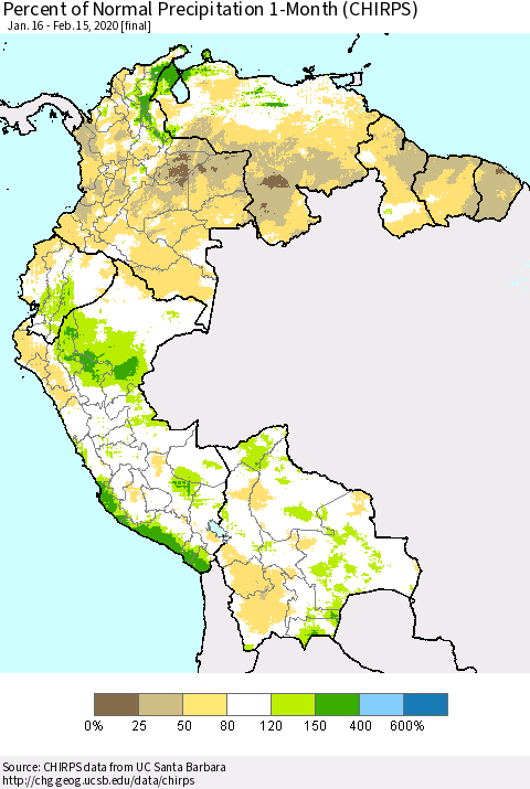 Northern South America Percent of Normal Precipitation 1-Month (CHIRPS) Thematic Map For 1/16/2020 - 2/15/2020