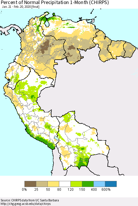 Northern South America Percent of Normal Precipitation 1-Month (CHIRPS) Thematic Map For 1/21/2020 - 2/20/2020