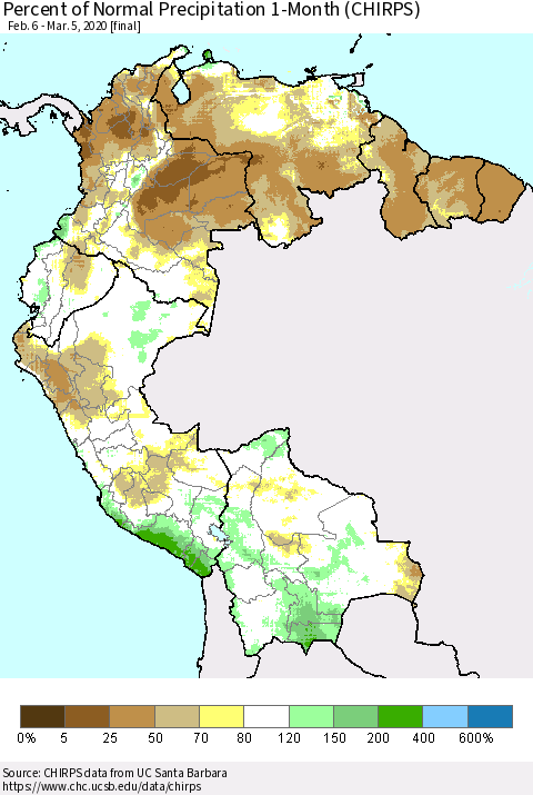 Northern South America Percent of Normal Precipitation 1-Month (CHIRPS) Thematic Map For 2/6/2020 - 3/5/2020