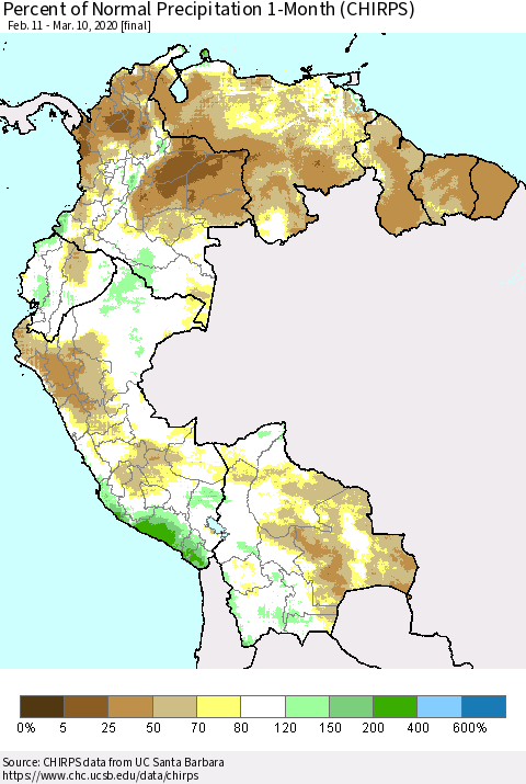 Northern South America Percent of Normal Precipitation 1-Month (CHIRPS) Thematic Map For 2/11/2020 - 3/10/2020
