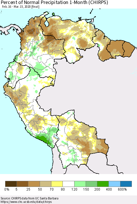 Northern South America Percent of Normal Precipitation 1-Month (CHIRPS) Thematic Map For 2/16/2020 - 3/15/2020