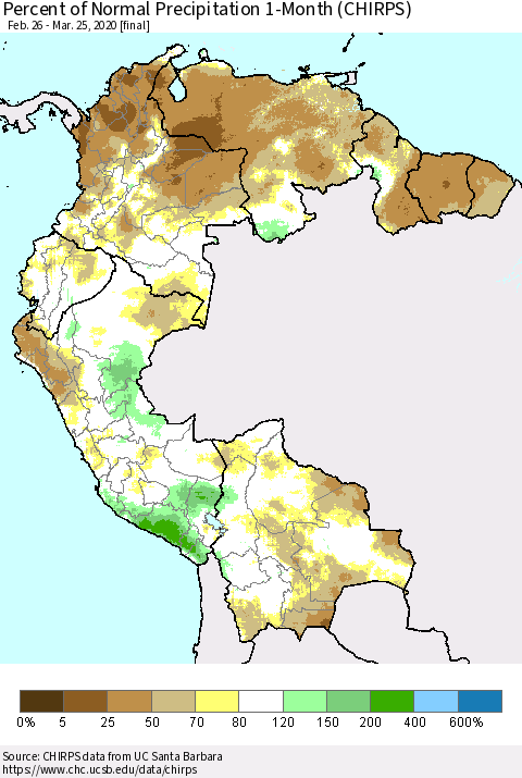 Northern South America Percent of Normal Precipitation 1-Month (CHIRPS) Thematic Map For 2/26/2020 - 3/25/2020