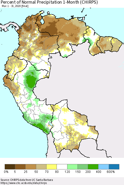 Northern South America Percent of Normal Precipitation 1-Month (CHIRPS) Thematic Map For 3/1/2020 - 3/31/2020