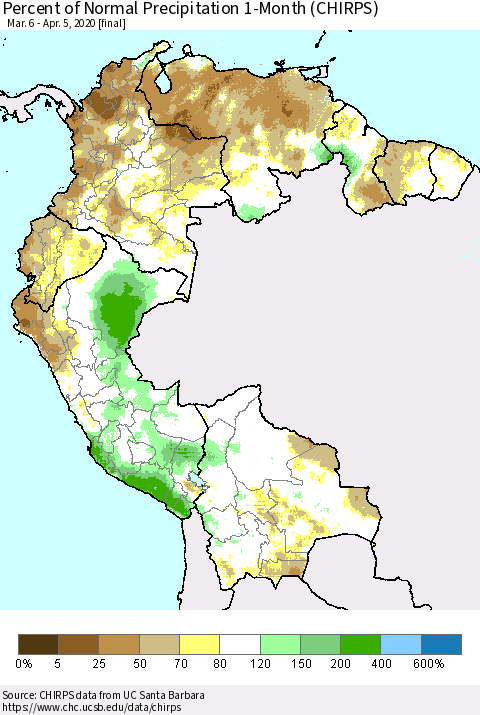 Northern South America Percent of Normal Precipitation 1-Month (CHIRPS) Thematic Map For 3/6/2020 - 4/5/2020