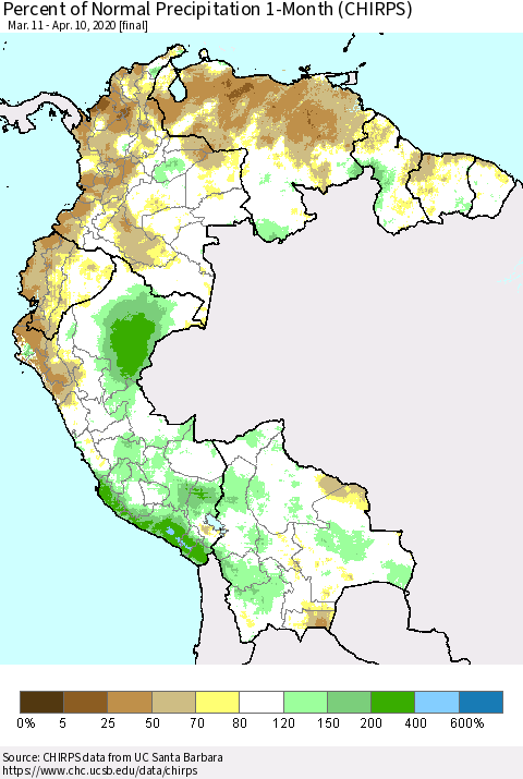 Northern South America Percent of Normal Precipitation 1-Month (CHIRPS) Thematic Map For 3/11/2020 - 4/10/2020