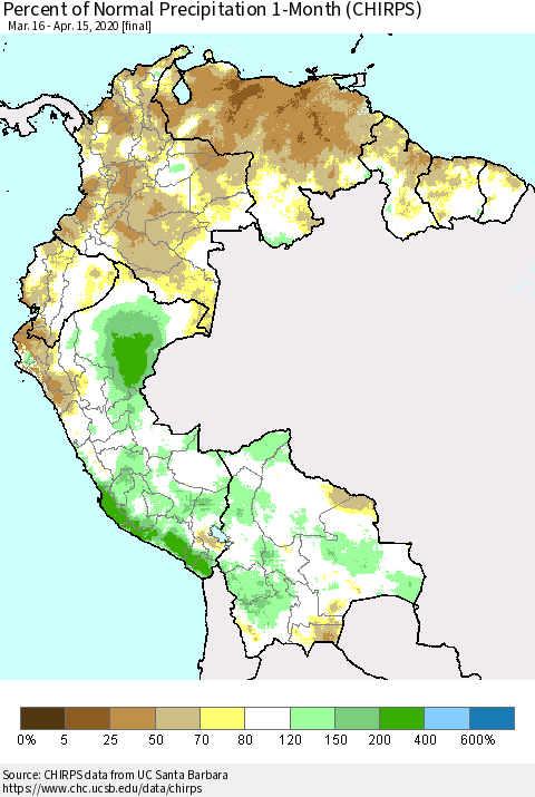 Northern South America Percent of Normal Precipitation 1-Month (CHIRPS) Thematic Map For 3/16/2020 - 4/15/2020