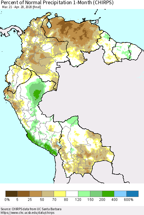 Northern South America Percent of Normal Precipitation 1-Month (CHIRPS) Thematic Map For 3/21/2020 - 4/20/2020