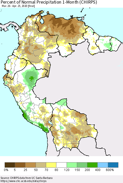 Northern South America Percent of Normal Precipitation 1-Month (CHIRPS) Thematic Map For 3/26/2020 - 4/25/2020